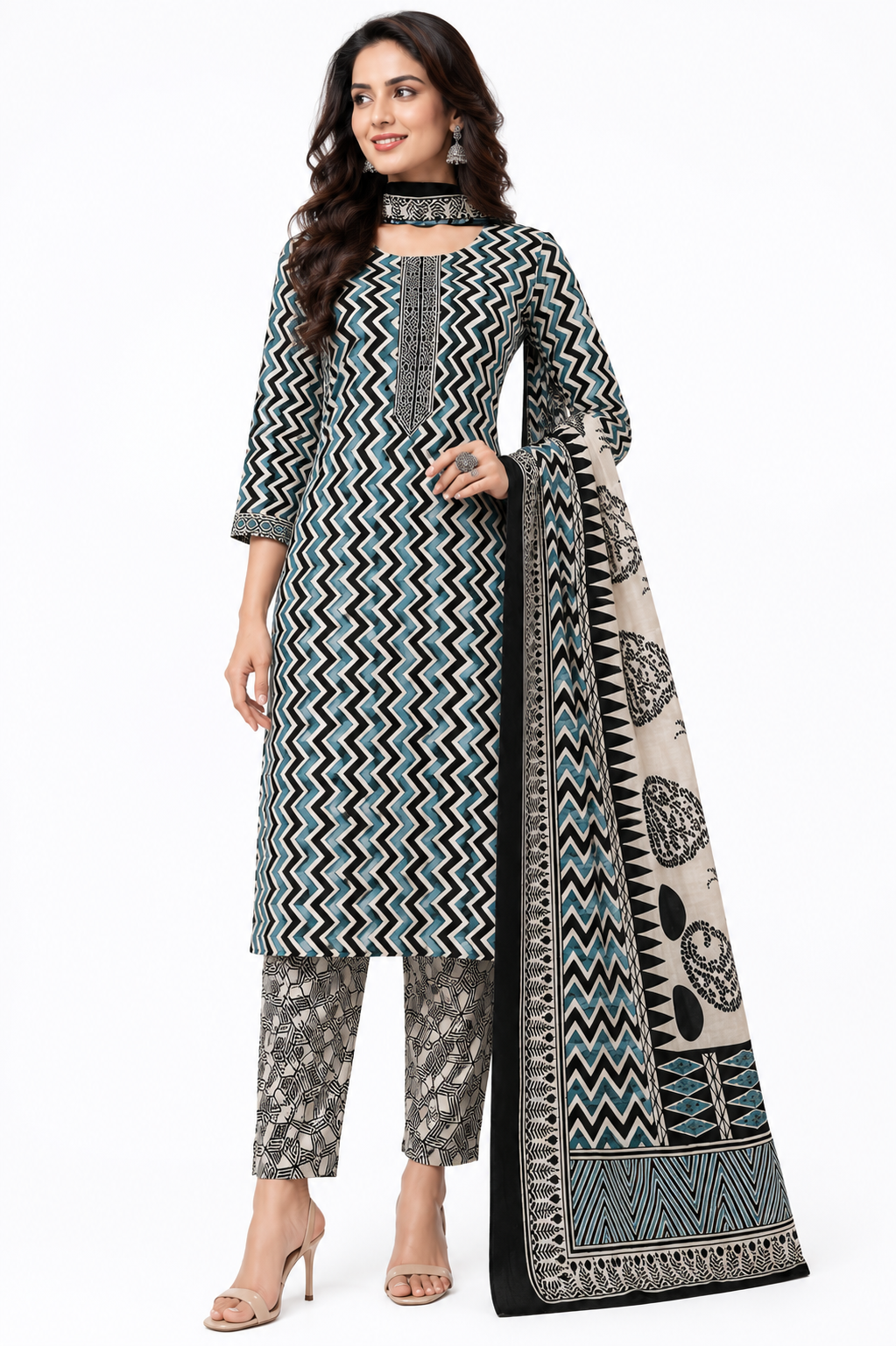 Womens 3 Piece Ajrak Printed Pure Cotton Dress