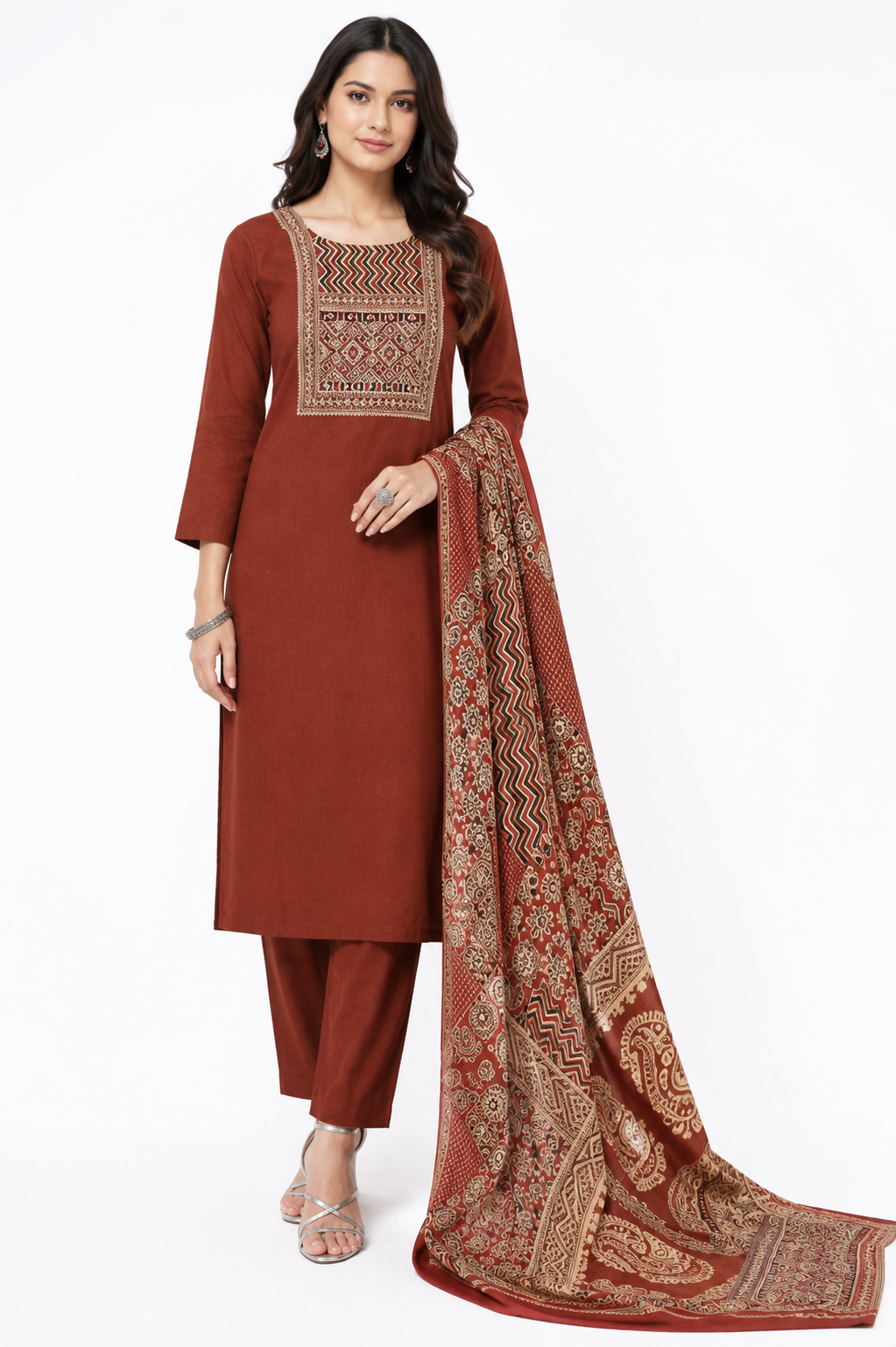 Womens 3 Piece Ajrak Printed Pure Cotton Dress