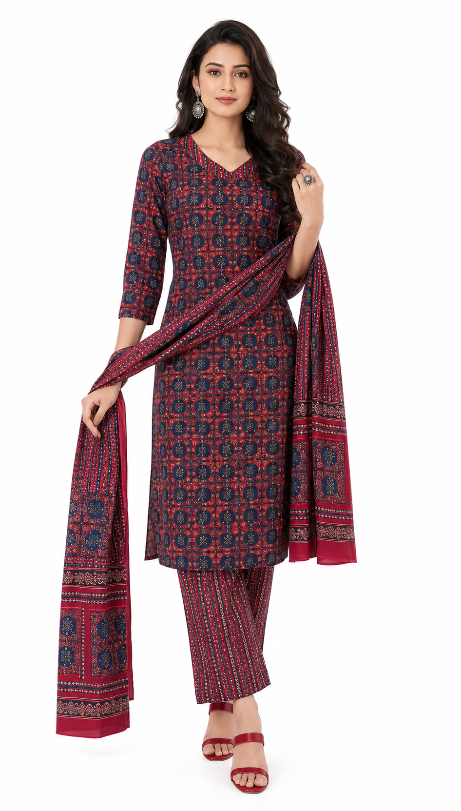 Womens 3 Piece Ajrak Printed Pure Cotton Dress