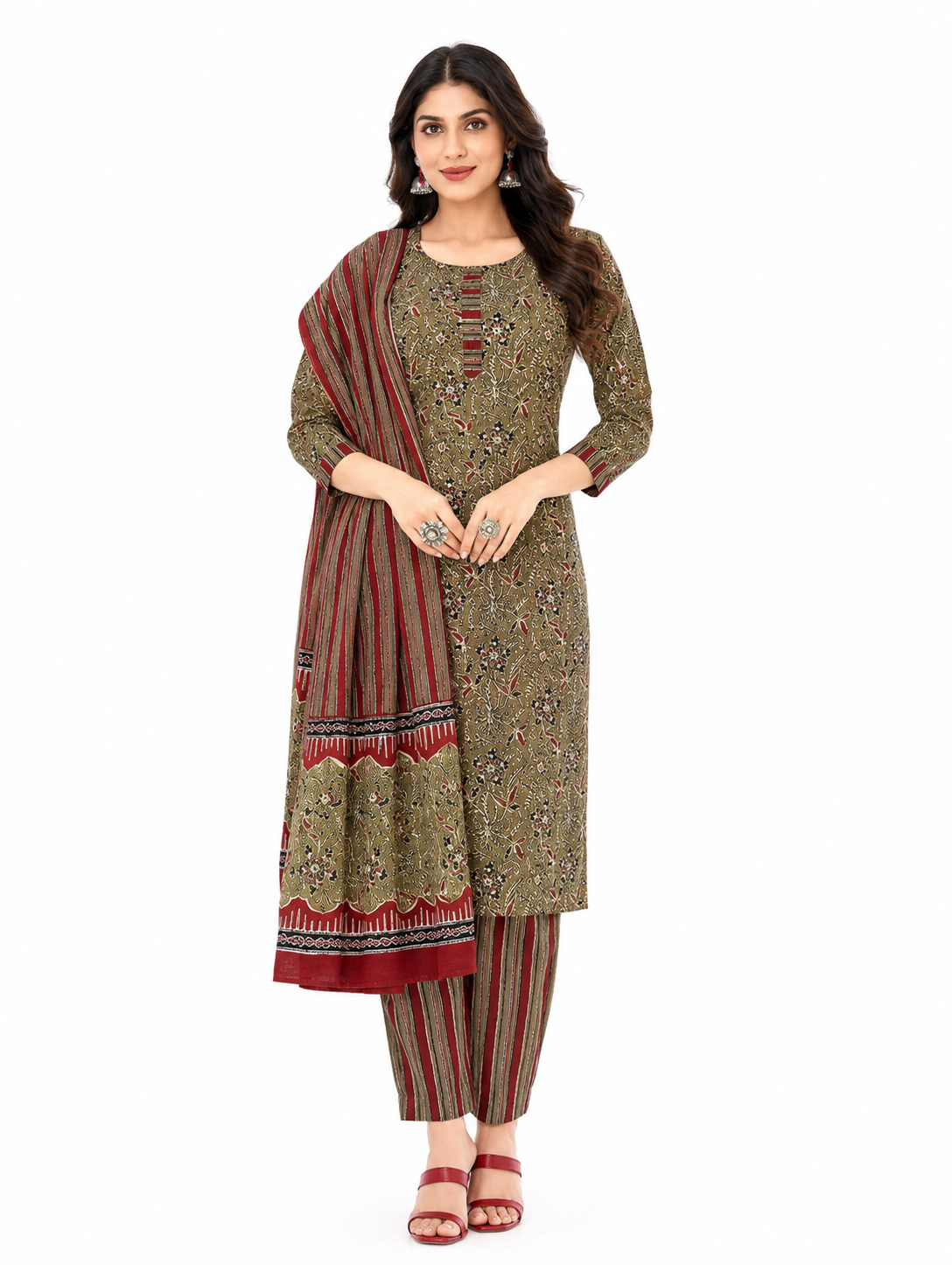 Womens 3 Piece Ajrak Printed Pure Cotton Dress