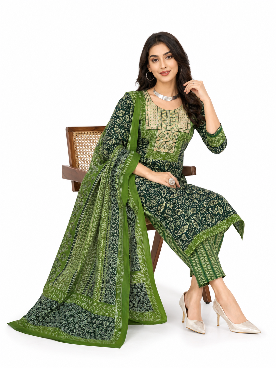 Womens 3 Piece Ajrak Printed Pure Cotton Dress