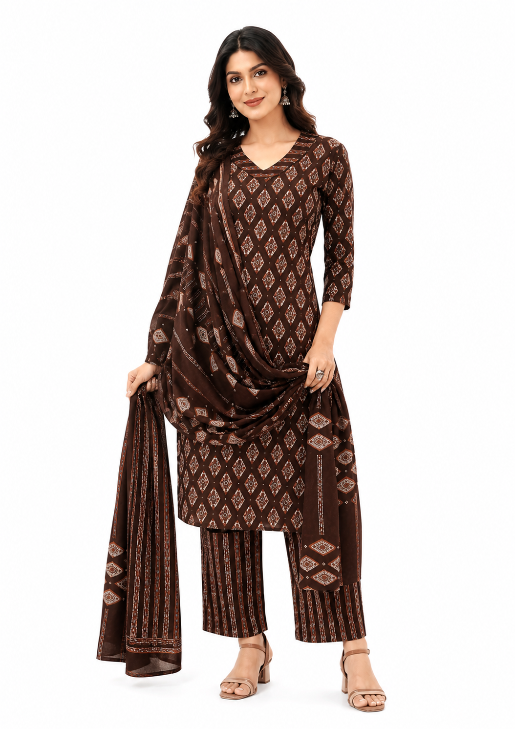 Womens 3 Piece Ajrak Printed Pure Cotton Dress