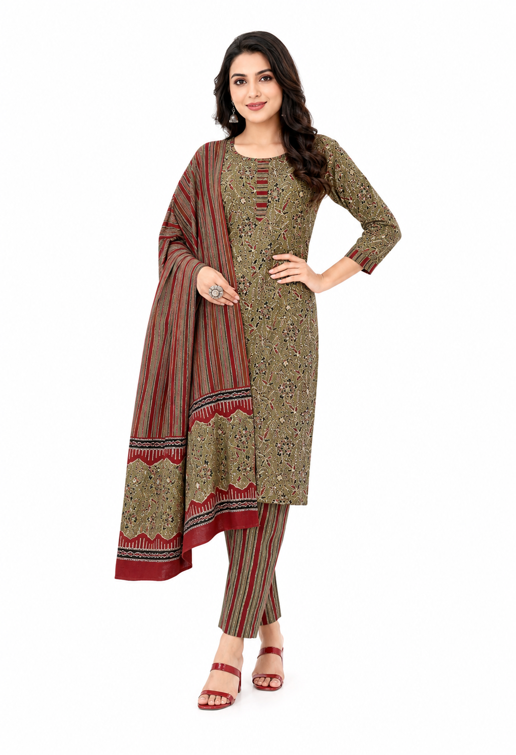 Womens 3 Piece Ajrak Printed Pure Cotton Dress